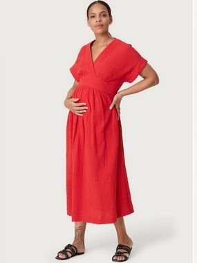 HATCH Carlolina Maxi Dress Med Maternity Gauze Cotton Red Casual Party Shower